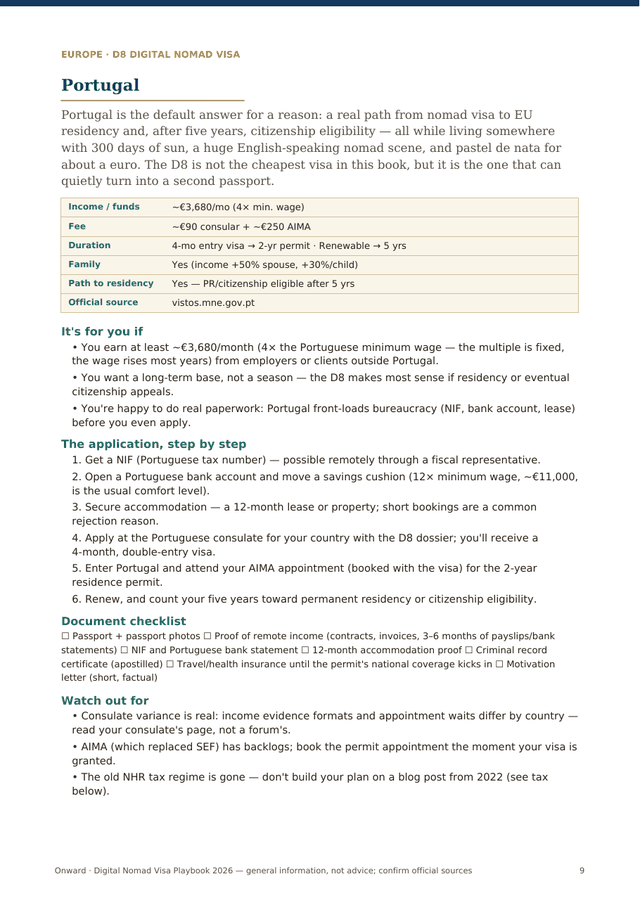 Sample deep-dive chapter — Portugal D8, with at-a-glance box and step-by-step application